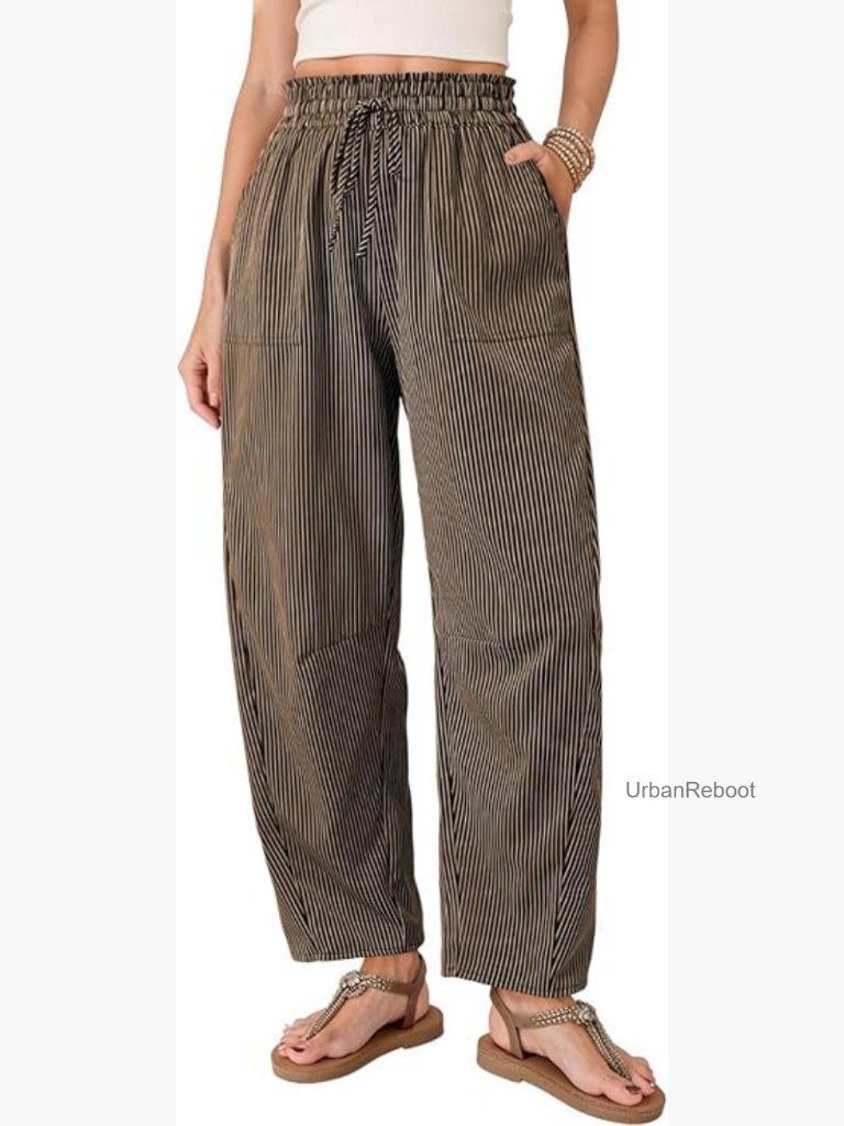 Striped Barrel Casual Pants High Waisted Elastic Drawstring Trousers